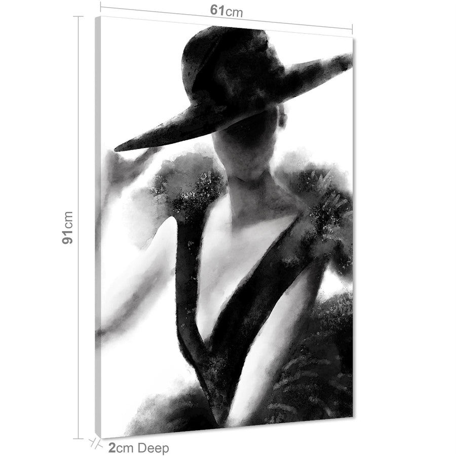 Brown Grey Fashion Canvas Art Prints Woman in Dress and Hat