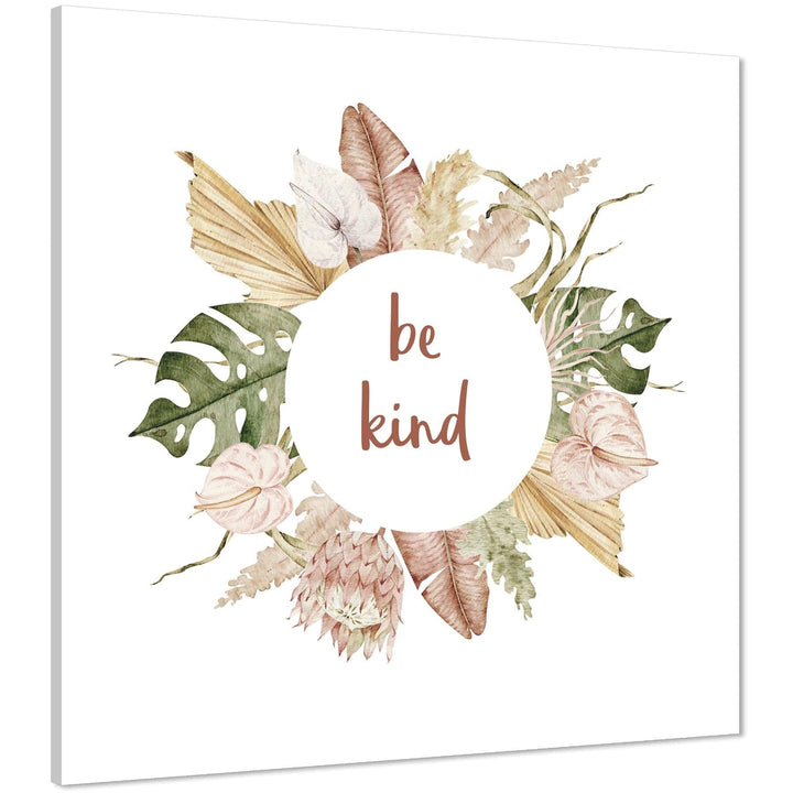 Be Kind Leaves Word Art - Typography Canvas Print Pink Green - 1s1210S