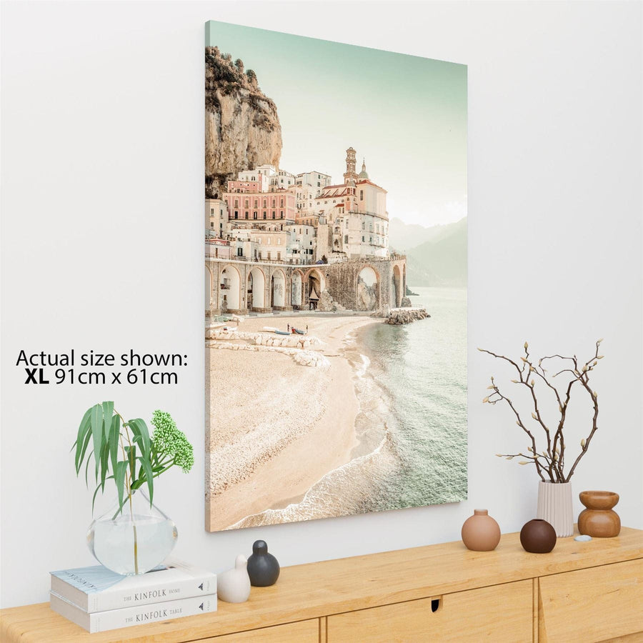Italian Lakefront Apartments Landscape Canvas Wall Art Print Teal Coral