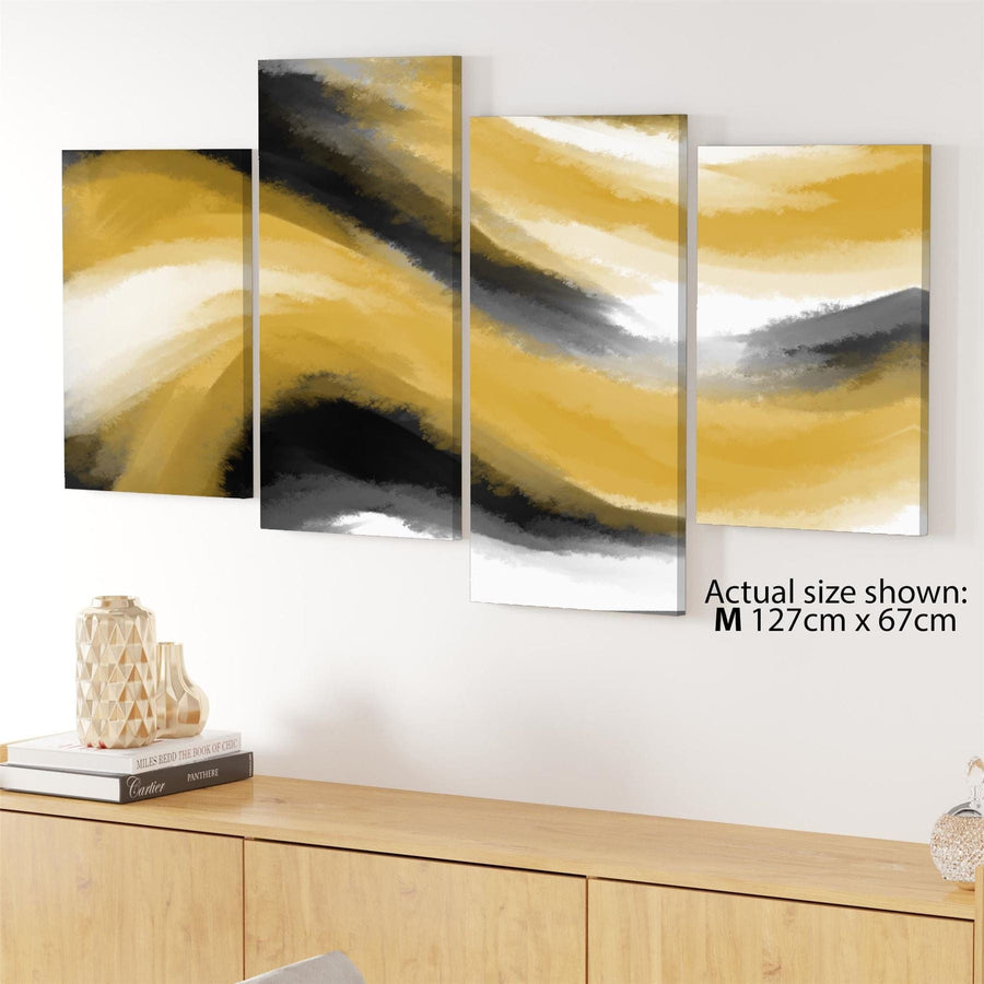 Abstract Black and White Yellow Watercolour Brushstrokes Canvas Wall Art Print