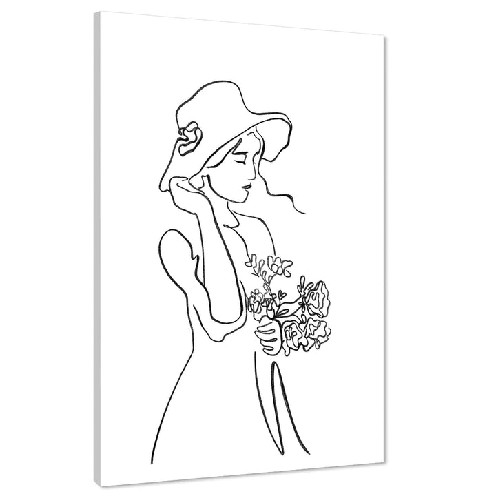 Black and White Figurative Young Woman in Hat Line Drawing Canvas Wall Art Picture - 1RP1172M