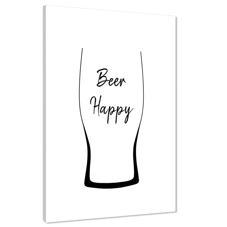 Kitchen Canvas Art Prints Beer Happy Quote and Glass Black and White
