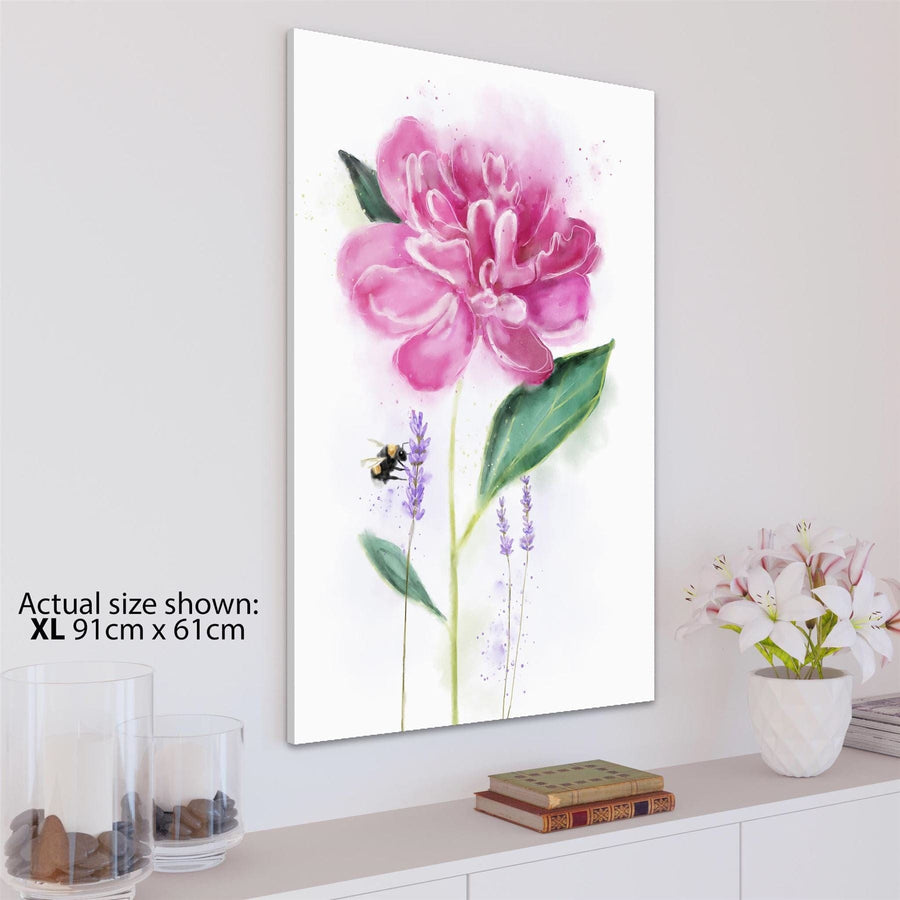 Pink Green Flower and Lavender With Bee Floral Canvas Wall Art Print