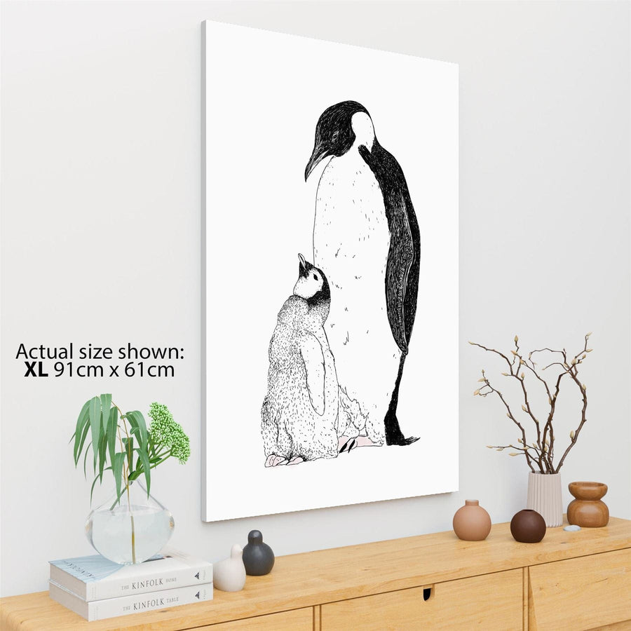 Baby Penguin with Mother Canvas Art Prints - Black and White