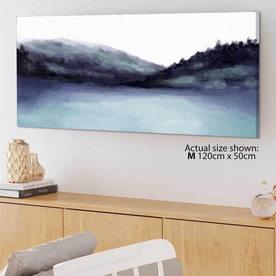 Landscape Canvas Wall Art Picture Teal Watercolour Mountains and Trees