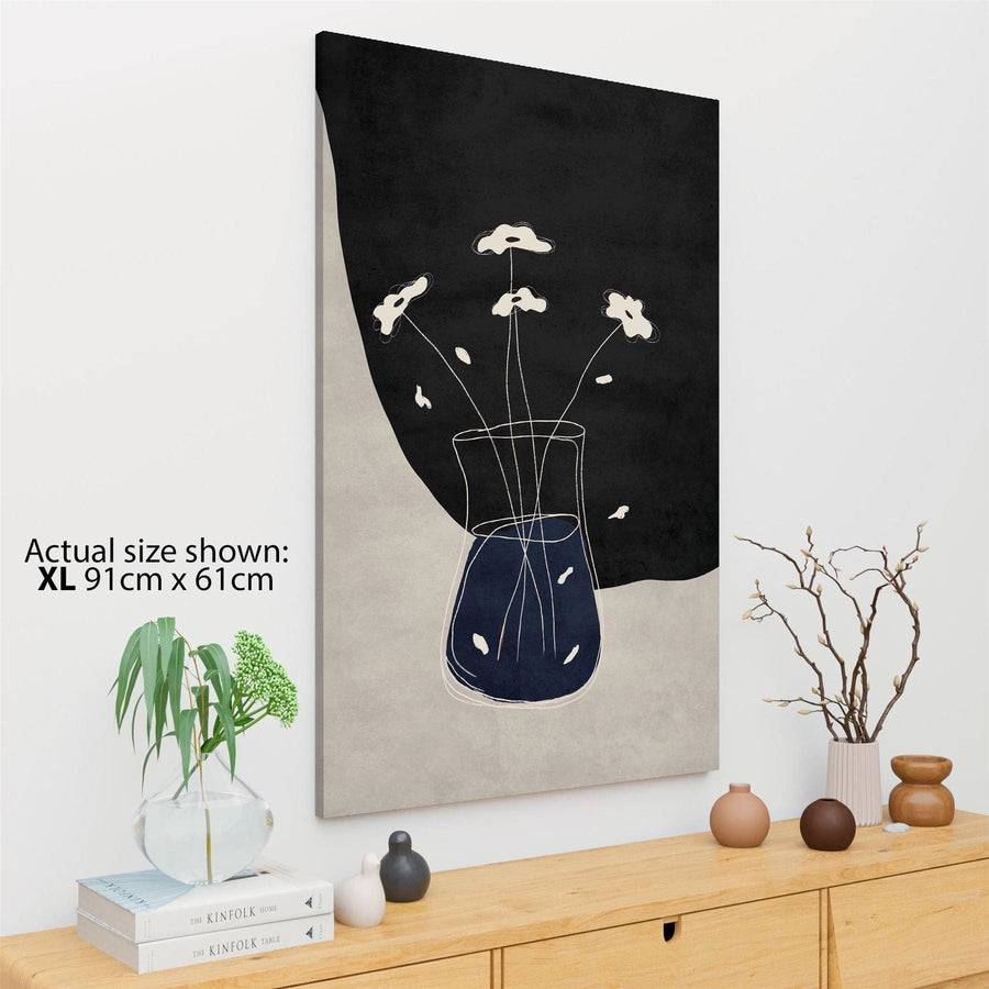 Dark Blue Black Vase and Flowers Drawing Floral Canvas Wall Art Print