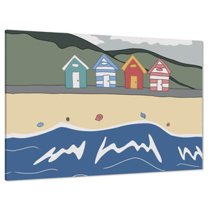 Naive Beach Huts Drawing Landscape Canvas Art Prints Multi Coloured