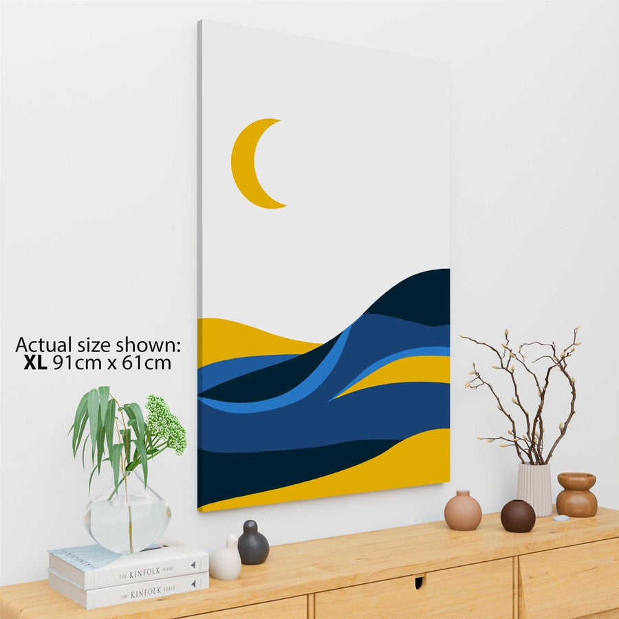 Moon and Sea Landscape Canvas Wall Art Picture Mustard Yellow Blue