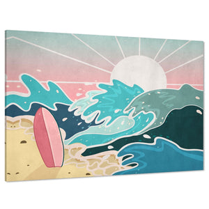 Surfboard Beach Waves Sun Retro Canvas Art Prints Blue Pink Yellow