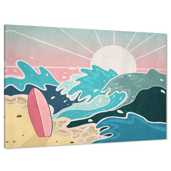 Surfboard Beach Waves Sun Retro Canvas Art Prints Blue Pink Yellow - 1RL1207M
