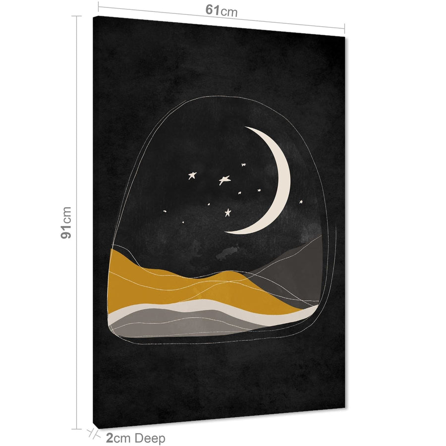 Black and White Mustard Stars and Moon Canvas Wall Art Picture
