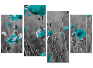 Teal Poppy Grey Black Poppies Flower Floral Canvas - 4 Part Set - 130cm - 4139