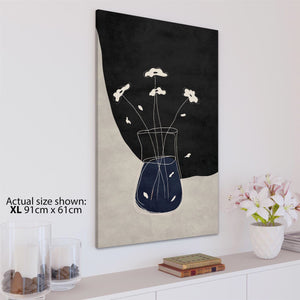 Dark Blue Black Vase and Flowers Drawing Floral Canvas Wall Art Print
