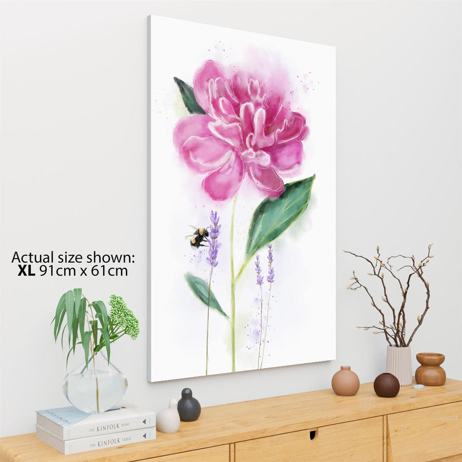Pink Green Flower and Lavender With Bee Floral Canvas Wall Art Print