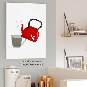 Kitchen Canvas Art Pictures Kettle - Tea Time Red Grey