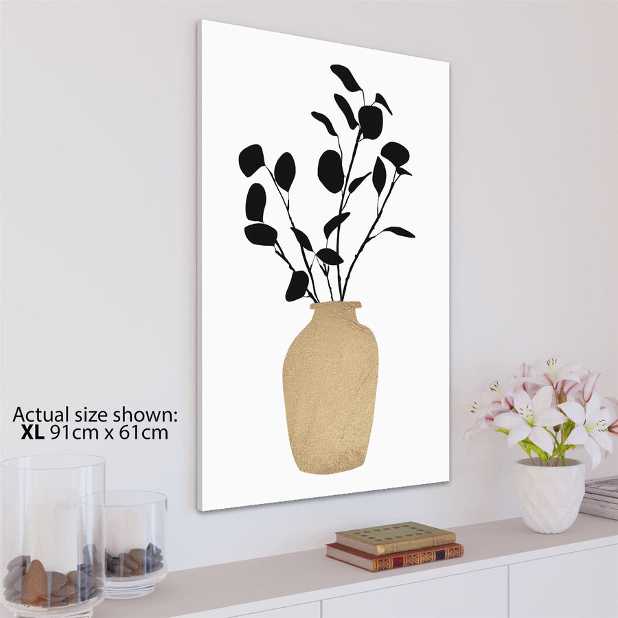 Black Beige Leaves in Vase Floral Canvas Wall Art Print