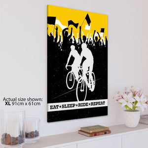 Eat Sleep Ride Repeat Cycling Canvas Wall Art Picture Black and White Mustard