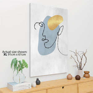Abstract Light Blue Gold Face Line Art Canvas Wall Art Picture