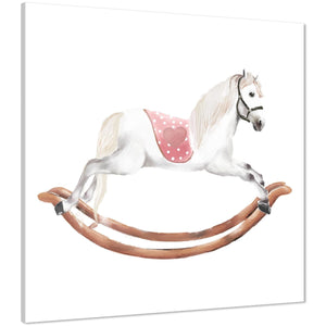 Rocking Horse Childrens - Nursery Canvas Wall Art Picture Pink White