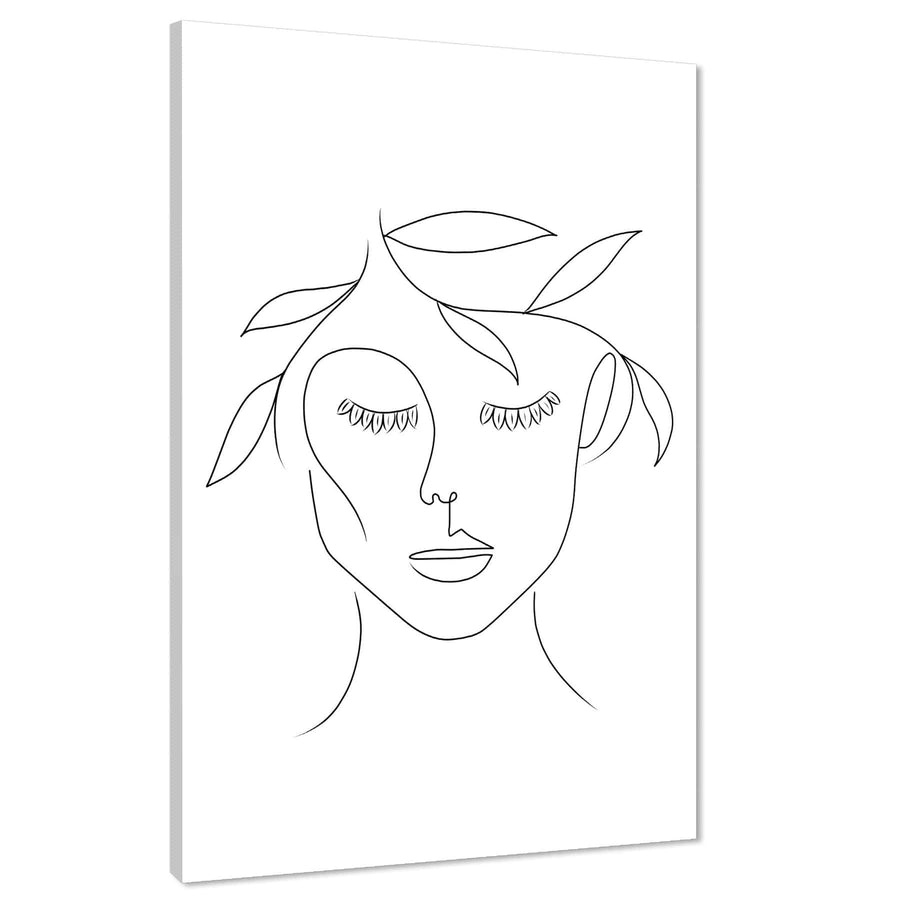 Black and White Figurative Face and Olive Leaves Line Drawing Canvas Wall Art Picture