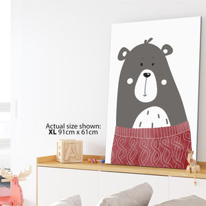 Bear Childrens - Nursery Canvas Wall Art Print Red Grey