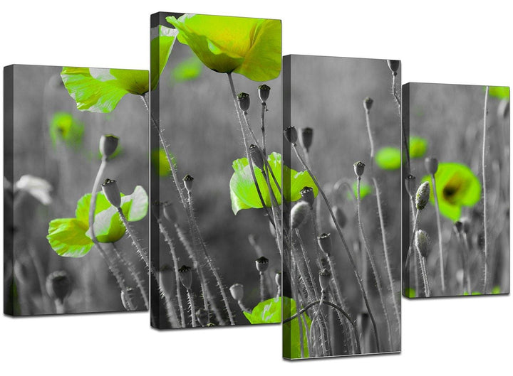 Lime Green Poppies Flower Grey Black Floral Canvas - 4 Panel Set - 130cm - 4138 - 4138