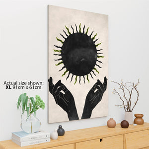 Black Cream Figurative Green Sun Canvas Wall Art Print