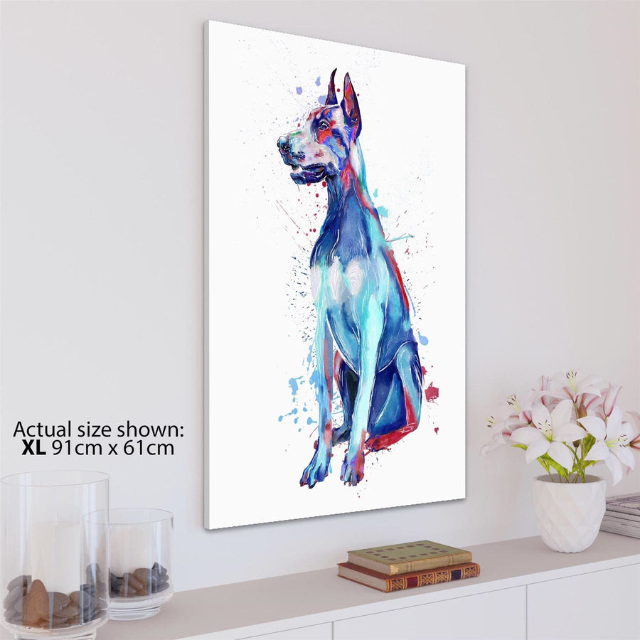 Doberman Pet Dog Watercolour Splash Canvas Art Pictures - Multi Coloured