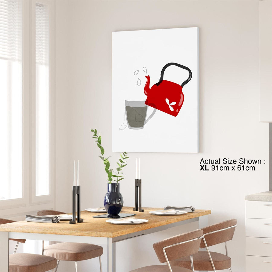 Kitchen Canvas Art Pictures Kettle - Tea Time Red Grey