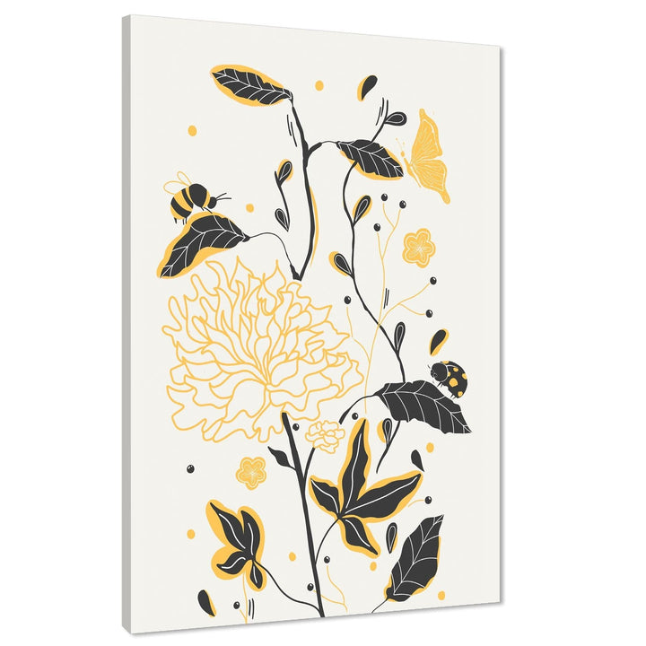 Yellow Black Flower Drawing Floral Canvas Wall Art Picture - 1RP1133M