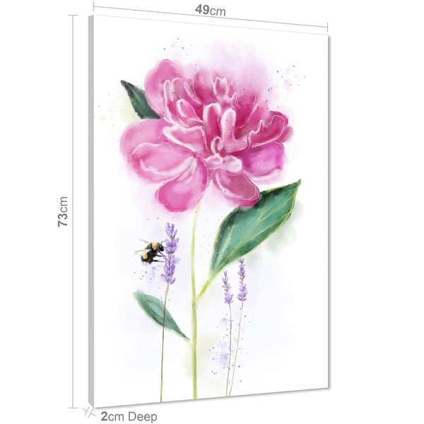 Pink Green Flower and Lavender With Bee Floral Canvas Wall Art Print