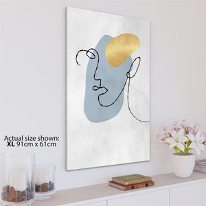 Abstract Light Blue Gold Face Line Art Canvas Wall Art Picture