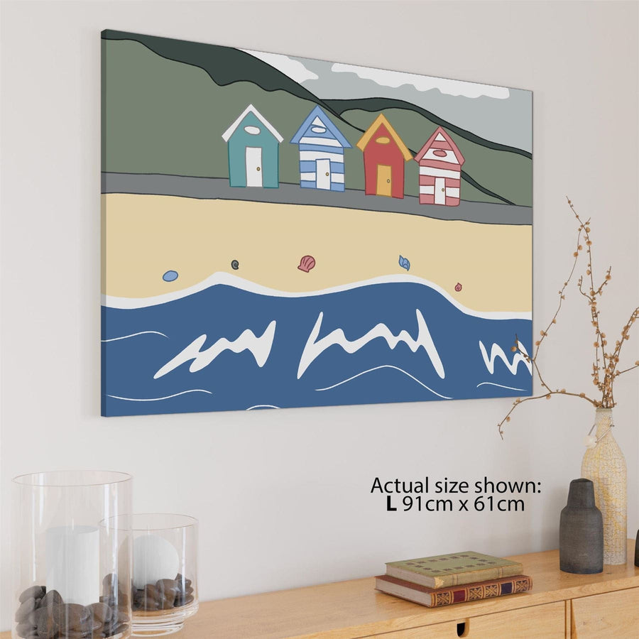 Naive Beach Huts Drawing Landscape Canvas Art Prints Multi Coloured