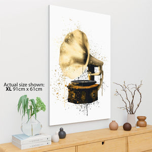 Vintage Gramaphone Canvas Art Pictures Gold Black Music Themed