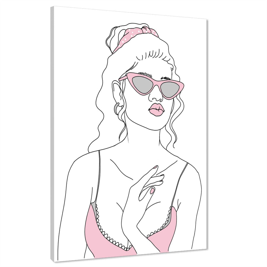 Black and White Pink Fashion Canvas Art Pictures Woman Pink Top and Sunglasses