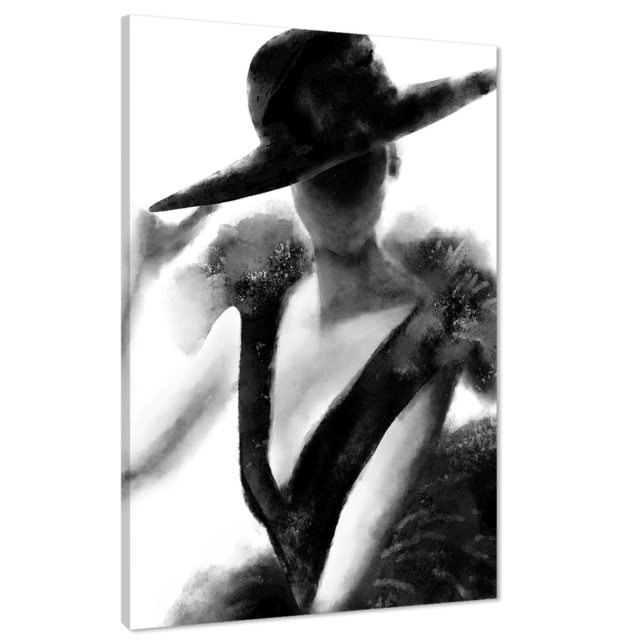 Brown Grey Fashion Canvas Art Prints Woman in Dress and Hat