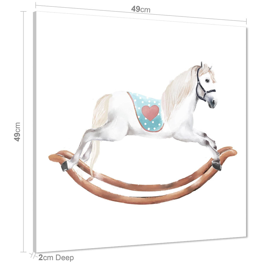 Rocking Horse Childrens - Nursery Canvas Art Prints Teal White