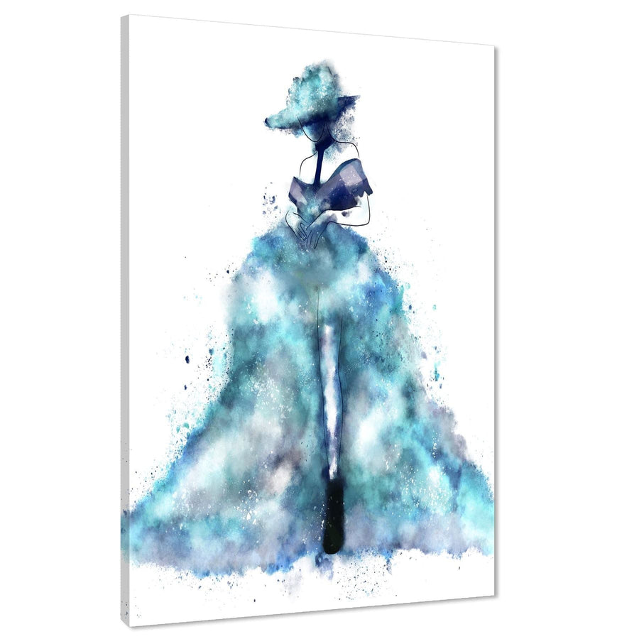 Pink Blue Fashion Canvas Wall Art Picture Woman in Big Dress and Hat