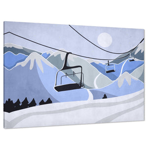 Ski Lift Mountains Retro Canvas Wall Art Print Light Blue Black and White