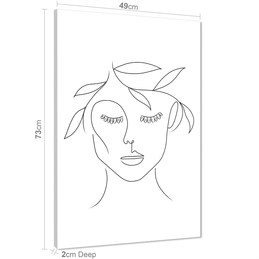 Black and White Figurative Face and Olive Leaves Line Drawing Canvas Wall Art Picture
