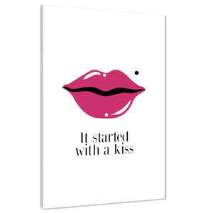 It Started With A Kiss Lips Word Art - Typography Canvas Print Pink Black