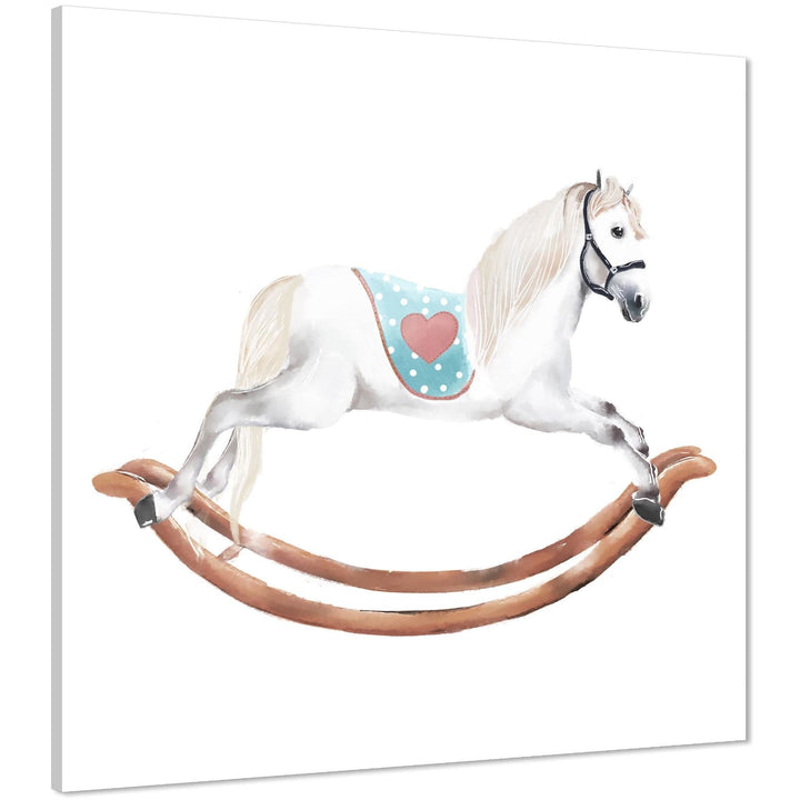Rocking Horse Childrens - Nursery Canvas Art Prints Teal White - 1s1202S