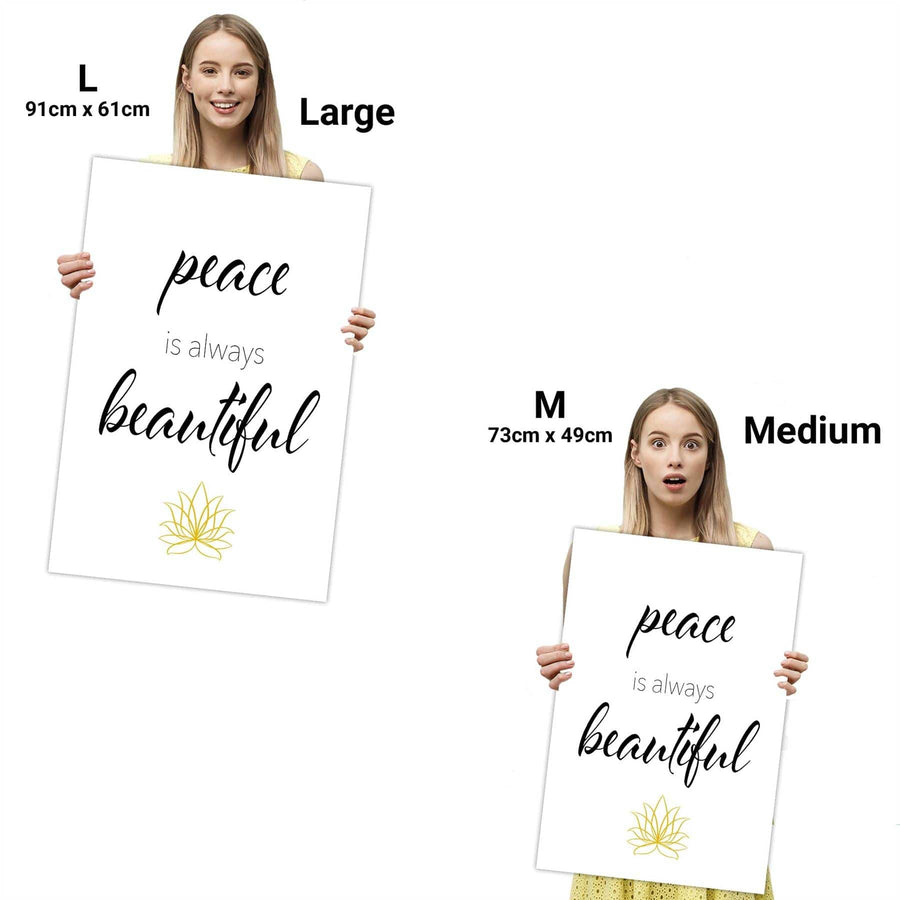 Peace is Always Beautiful Quote Canvas Wall Art Picture Black and White Yellow