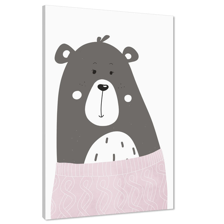 Bear Childrens - Nursery Canvas Wall Art Print Pink Grey - 1RP1227M