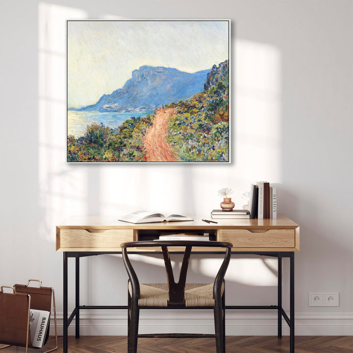 Large Claude Monet Landscape Wall Art Framed Canvas Print of Corniche near Monaco Painting - FFob-2388-Oak-L