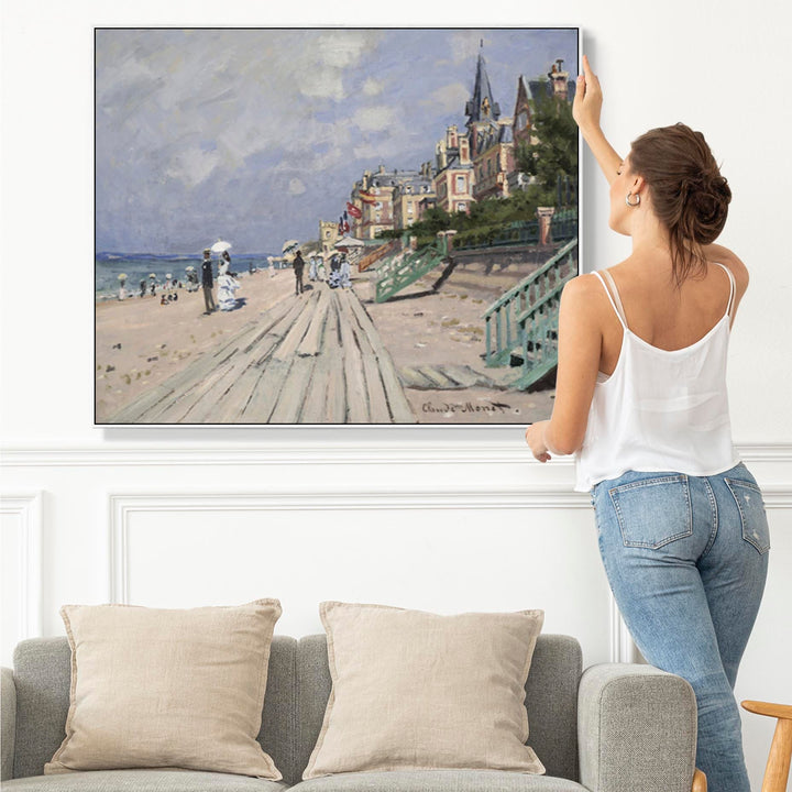 Large Claude Monet Seaside Wall Art Framed Canvas Print Beach at Trouville Painting - FFob-2391-W-L