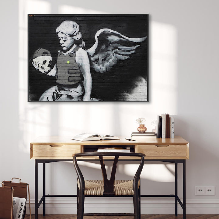 Large Banksy Framed Canvas Art Print - Angel Flack Jacket - FF2437-B-L