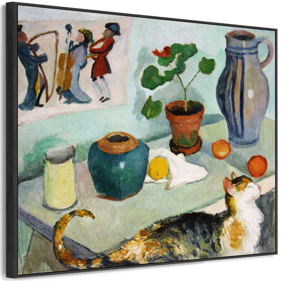 August Macke Framed Green Wall Art Print - Kitchen Still Life Cat - on Canvas