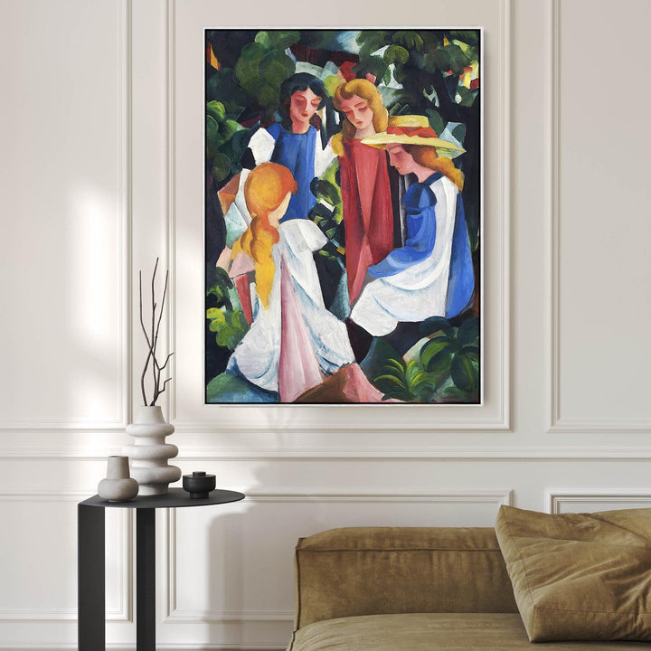 August Macke Framed Artwork Print on Canvas Four Girls - FFp-2630-W-L