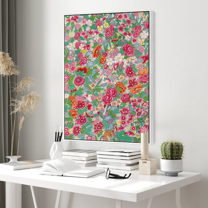 Large Colourful Floral Wall Art Framed Canvas Print of Japanese Flowers Painting - FFp-2169-W-S